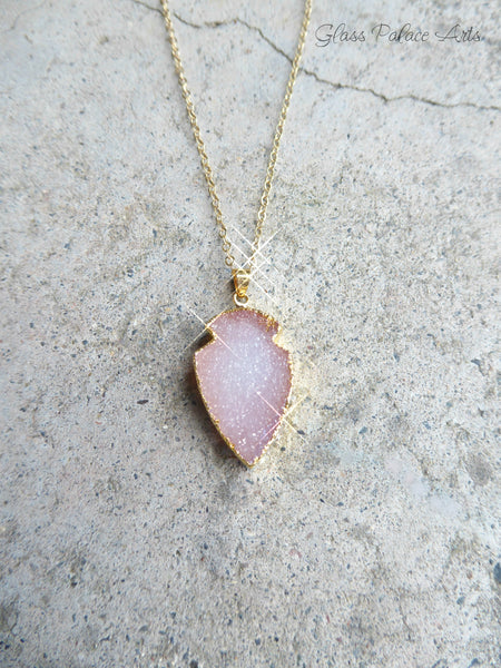 Pink Peach Druzy Pendant Necklace For Women 14k Gold Fill Chain