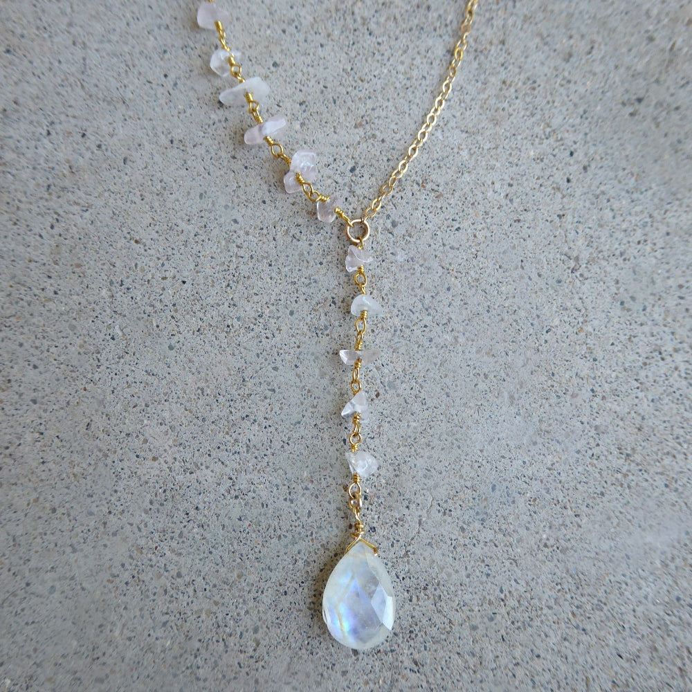 Gold Moonstone Lariat Necklace For Women