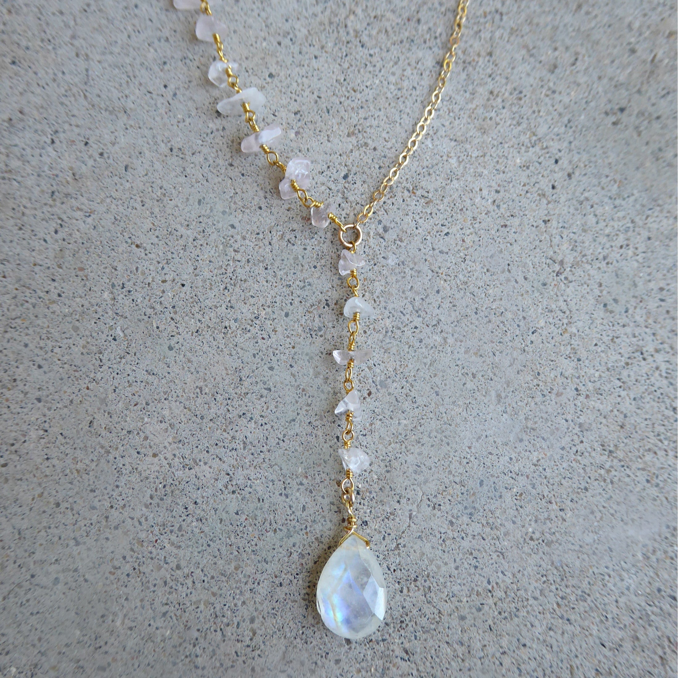 Gold Moonstone Lariat Necklace For Women