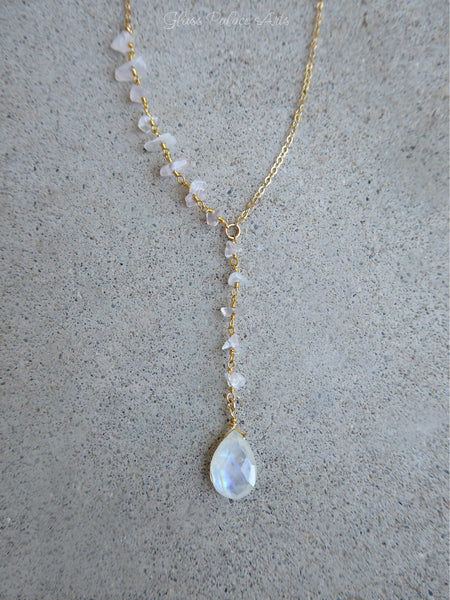Gold Moonstone Lariat Necklace For Women