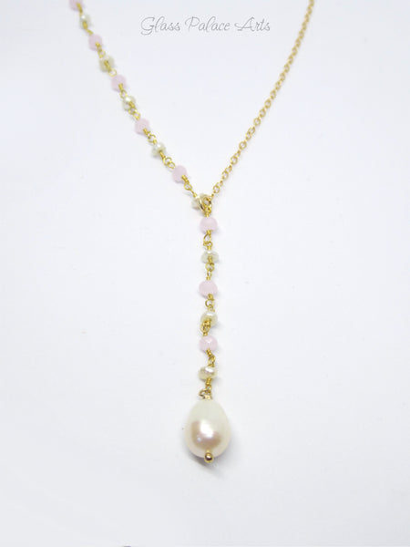 Gold Freshwater Pearl Lariat Necklace - Pearl Bridal Y Necklace For Women