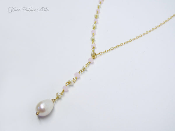 Gold Freshwater Pearl Lariat Necklace - Pearl Bridal Y Necklace For Women