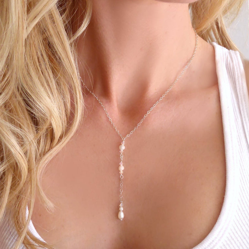 Dainty Freshwater Pearl Lariat Y Necklace ~ With Swarovski Crystals