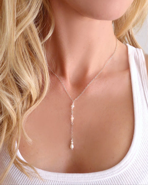 Dainty Freshwater Pearl Lariat Y Necklace ~ With Swarovski Crystals