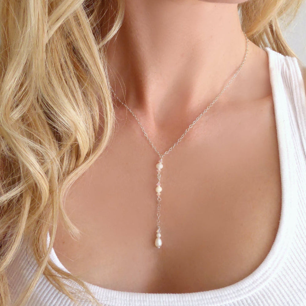 Dainty Freshwater Pearl Lariat Y Necklace ~ With Swarovski Crystals