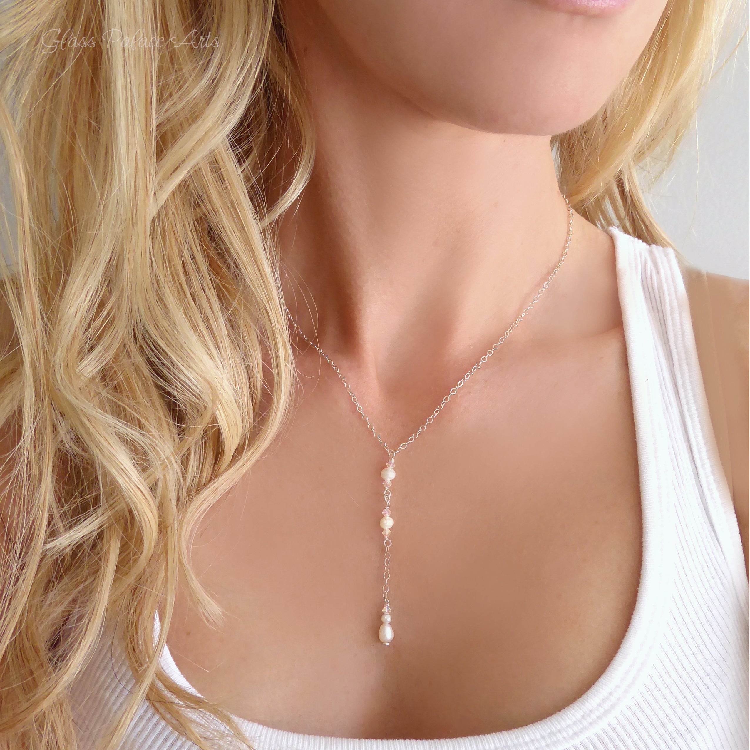 Dainty Freshwater Pearl Lariat Y Necklace ~ With Swarovski Crystals