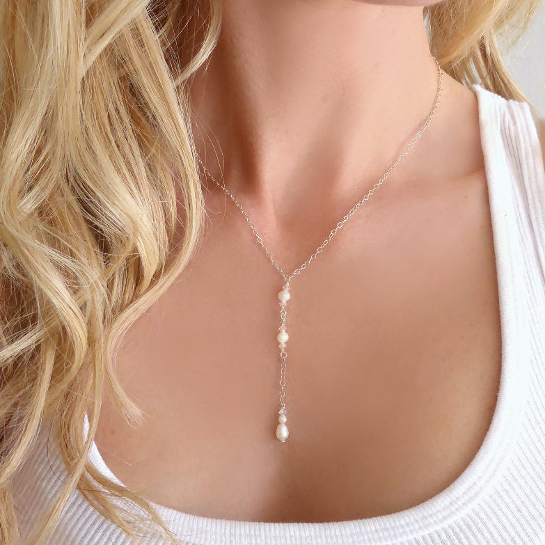 Dainty Freshwater Pearl Lariat Y Necklace ~ With Swarovski Crystals