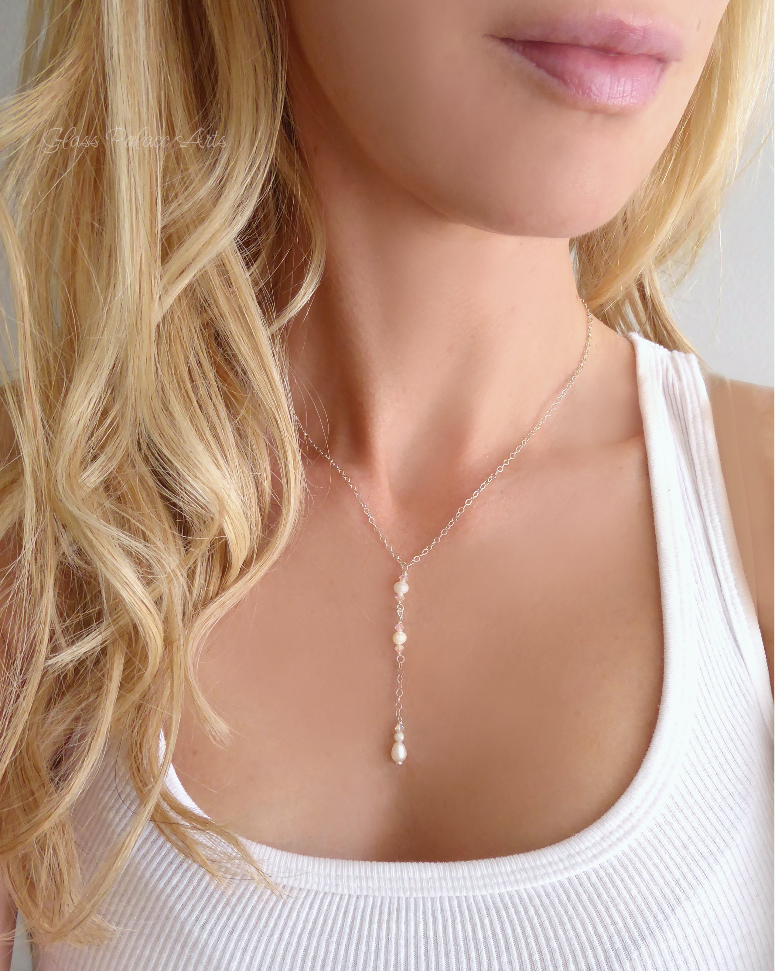 Dainty Freshwater Pearl Lariat Y Necklace ~ With Swarovski Crystals