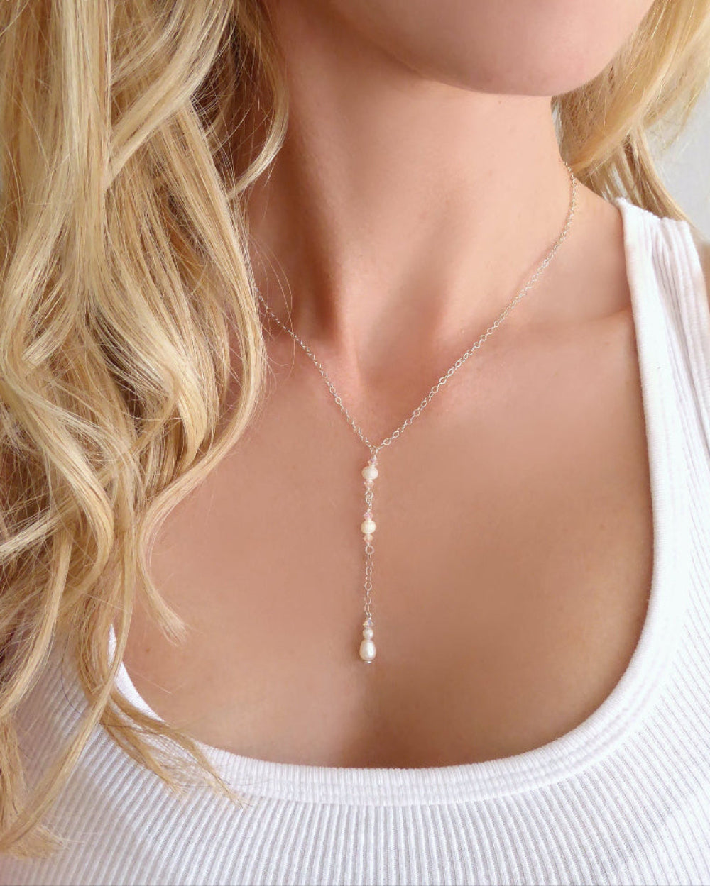 Dainty Freshwater Pearl Lariat Y Necklace ~ With Swarovski Crystals