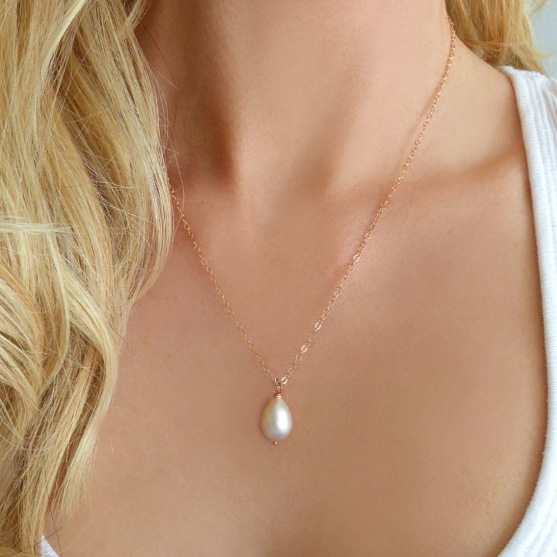 Freshwater Pearl Teardrop Necklace Rose Gold