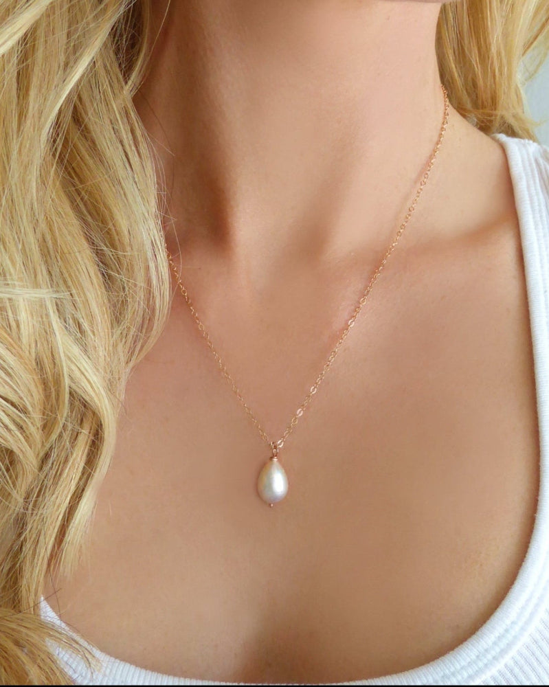 Freshwater Pearl Teardrop Necklace Rose Gold
