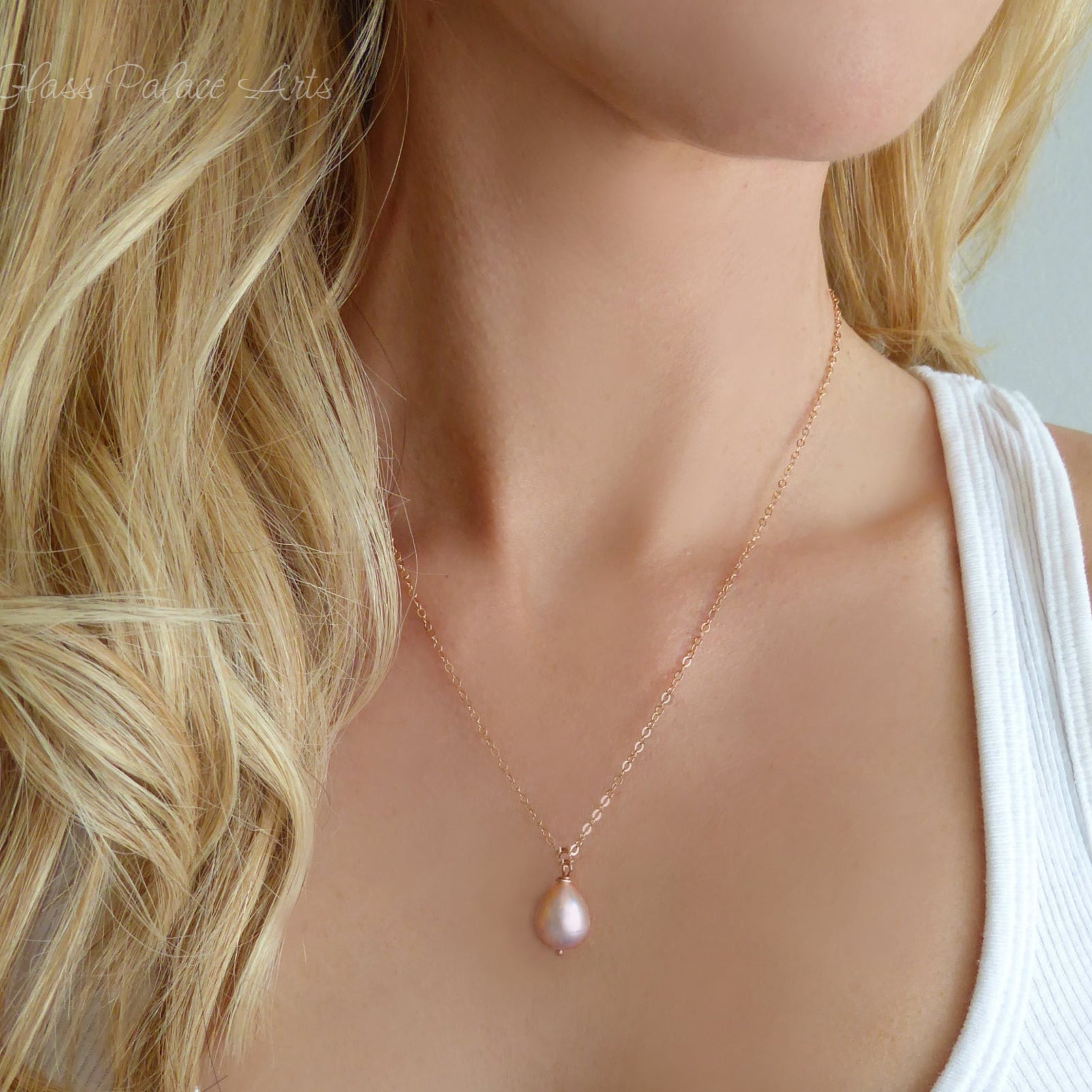 Champagne Pink Freshwater Pearl Necklace Rose Gold