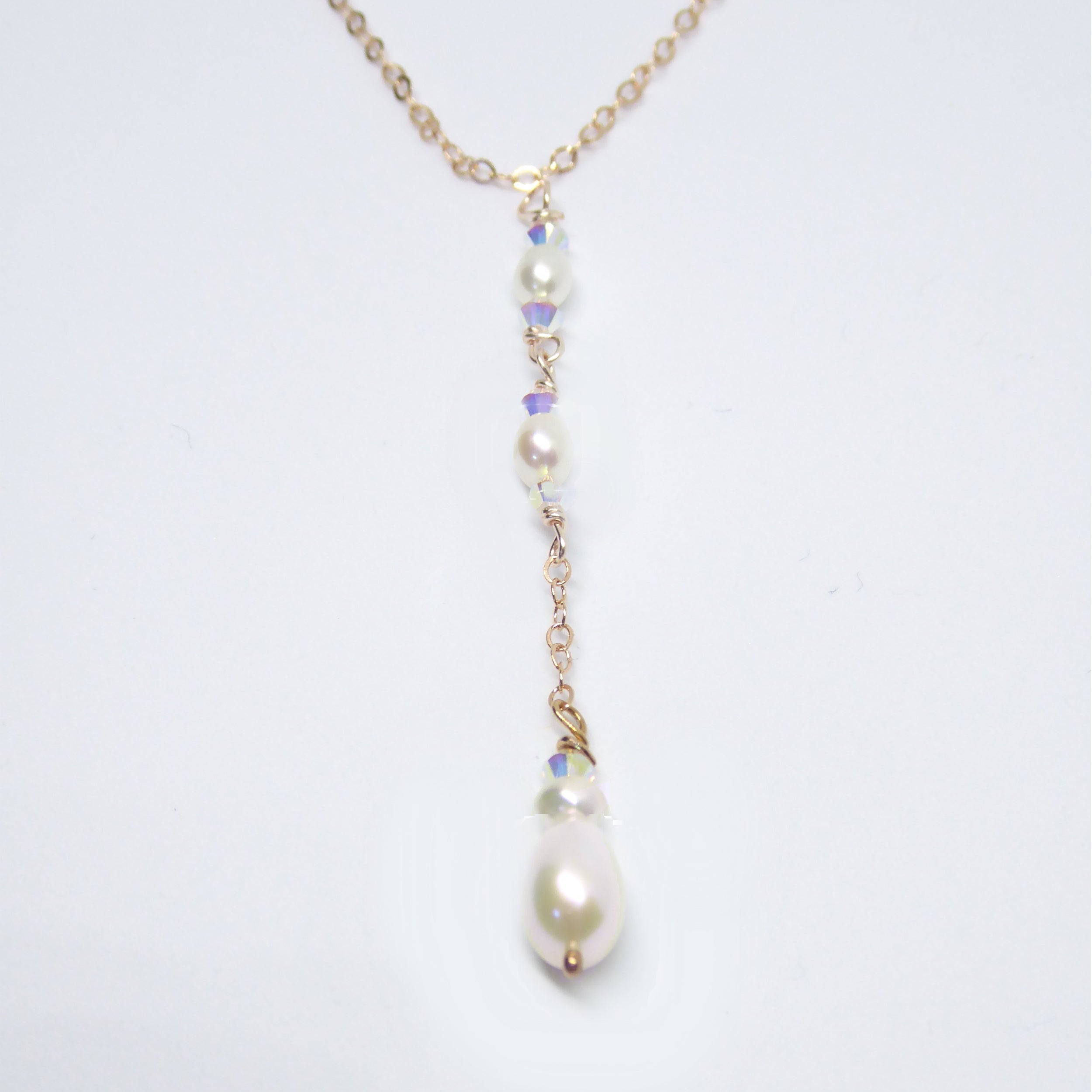 Dainty Freshwater Pearl Lariat Y Necklace ~ With Swarovski Crystals