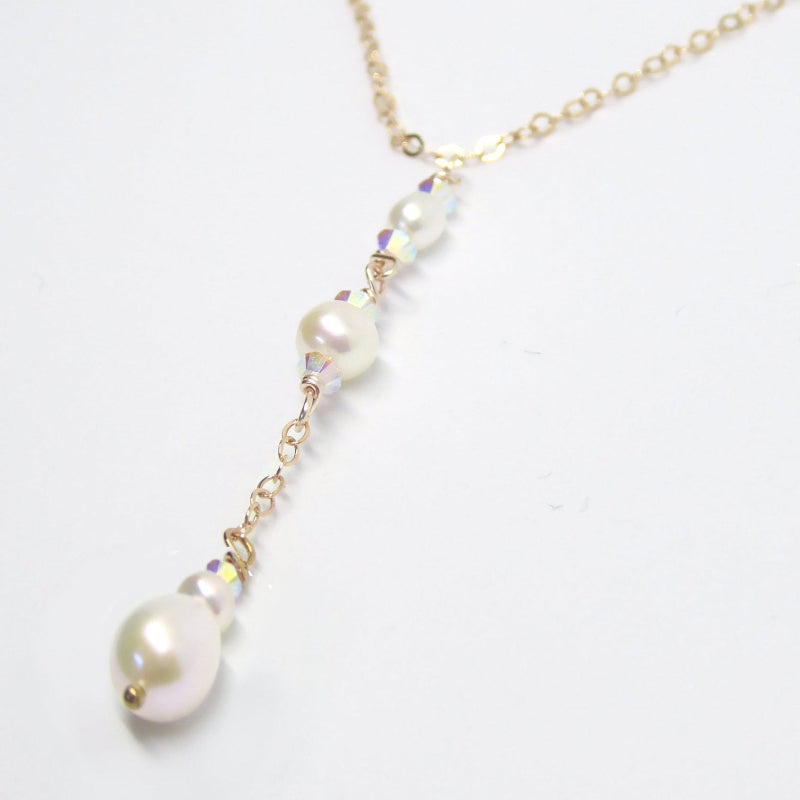 Dainty Freshwater Pearl Lariat Y Necklace ~ With Swarovski Crystals