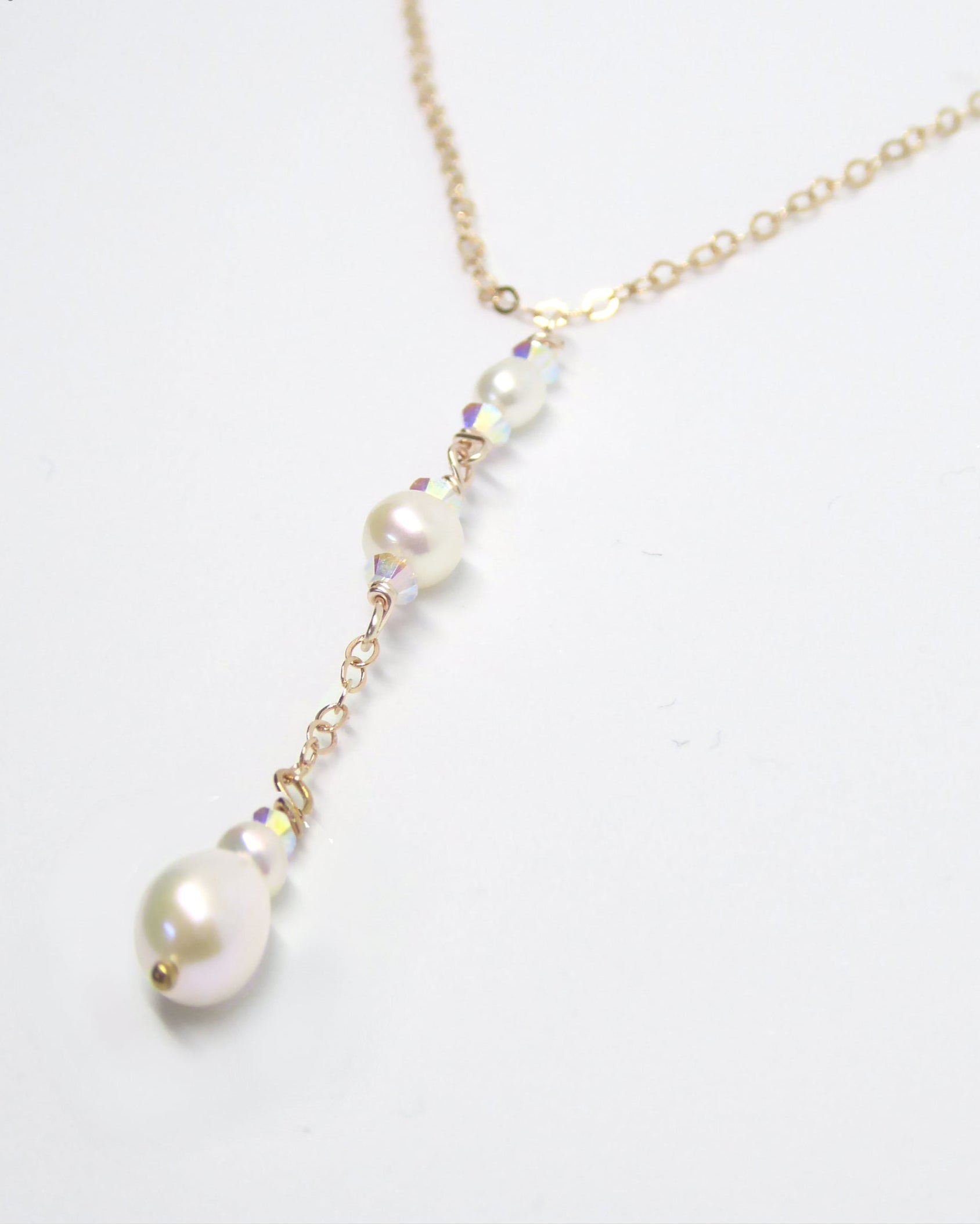 Dainty Freshwater Pearl Lariat Y Necklace ~ With Swarovski Crystals