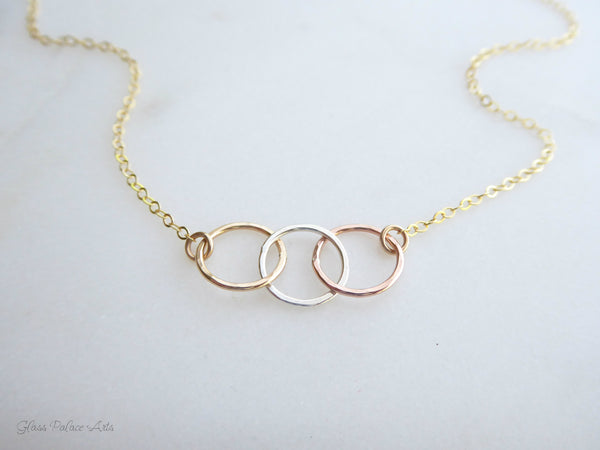 Three Circle Necklace For Women, Mixed Metal Trio 14k Gold Fill, Rose Gold, Sterling Silver
