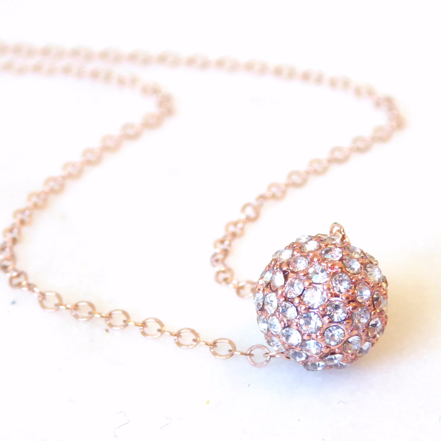 Pave' Dainty Disco Ball Necklace For Women - Rose Gold