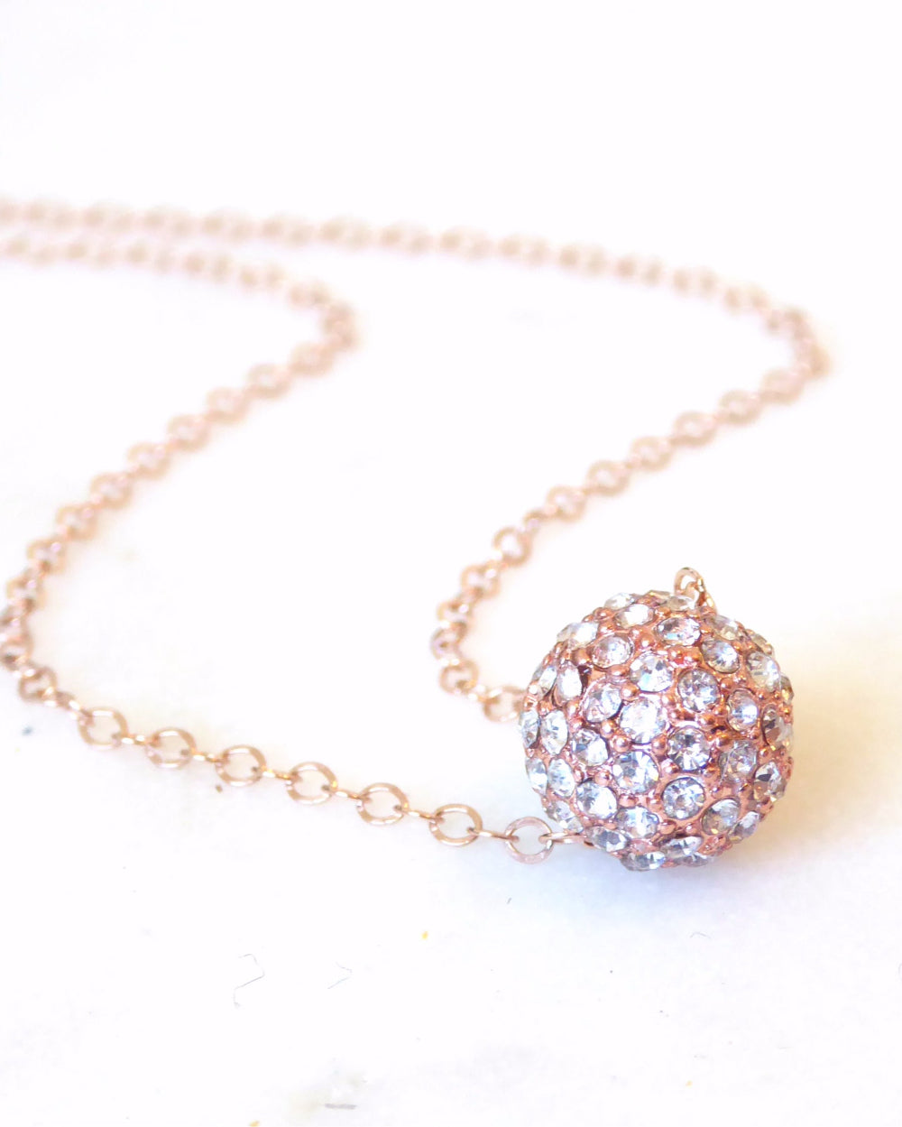 Pave' Dainty Disco Ball Necklace For Women - Rose Gold