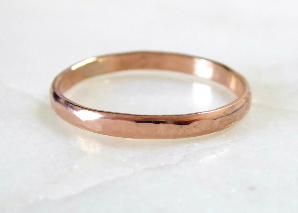 Simple Rose Gold Ring For Women, Hammered Rose Gold Fill Wedding Band, 2mm