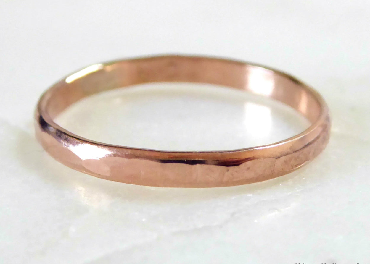 Simple Rose Gold Ring For Women, Hammered Rose Gold Fill Wedding Band, 2mm