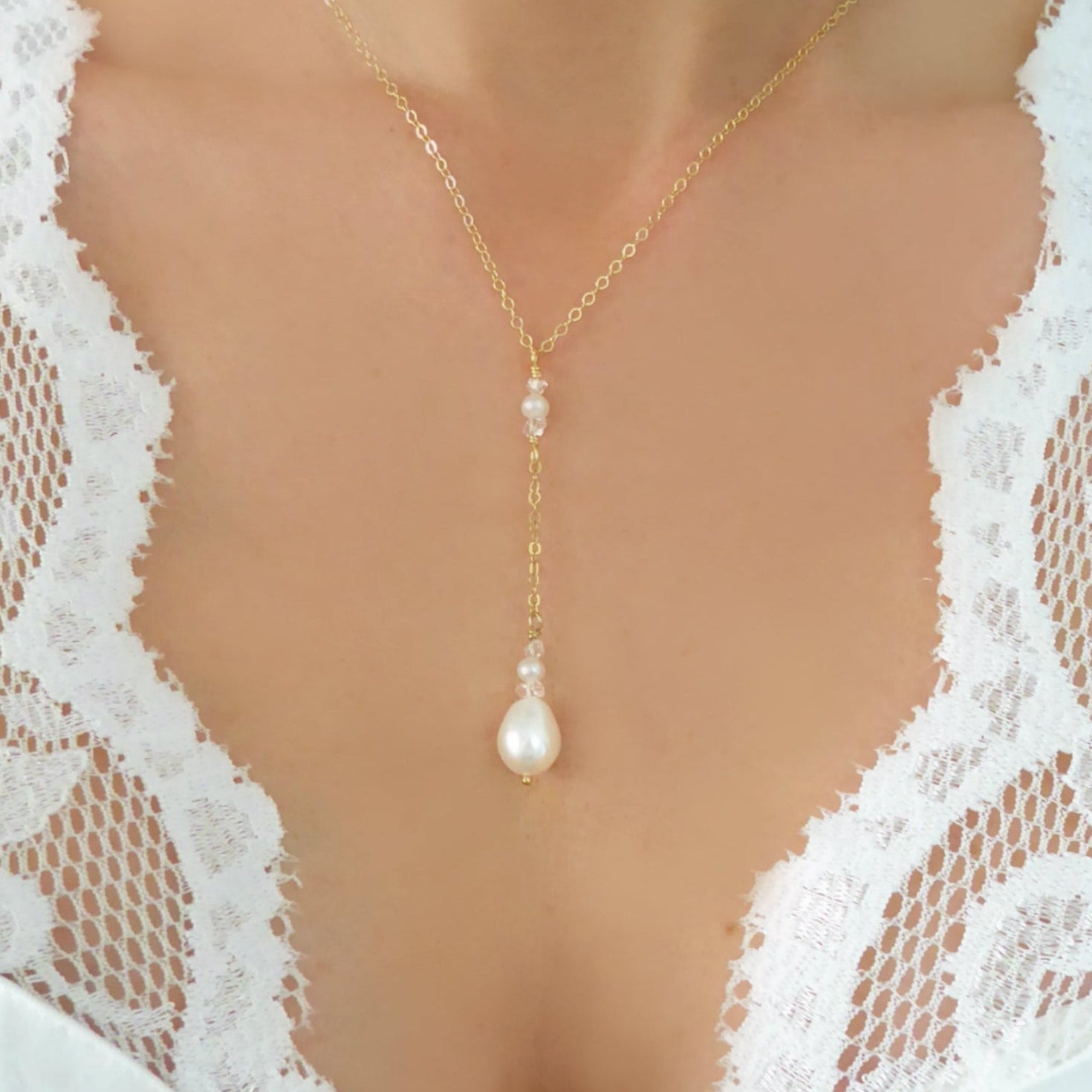 Freshwater Pearl And Herkimer Diamond Lariat Necklace