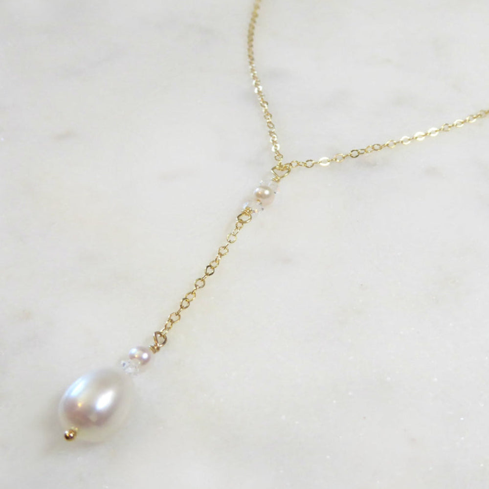 Freshwater Pearl And Herkimer Diamond Lariat Necklace