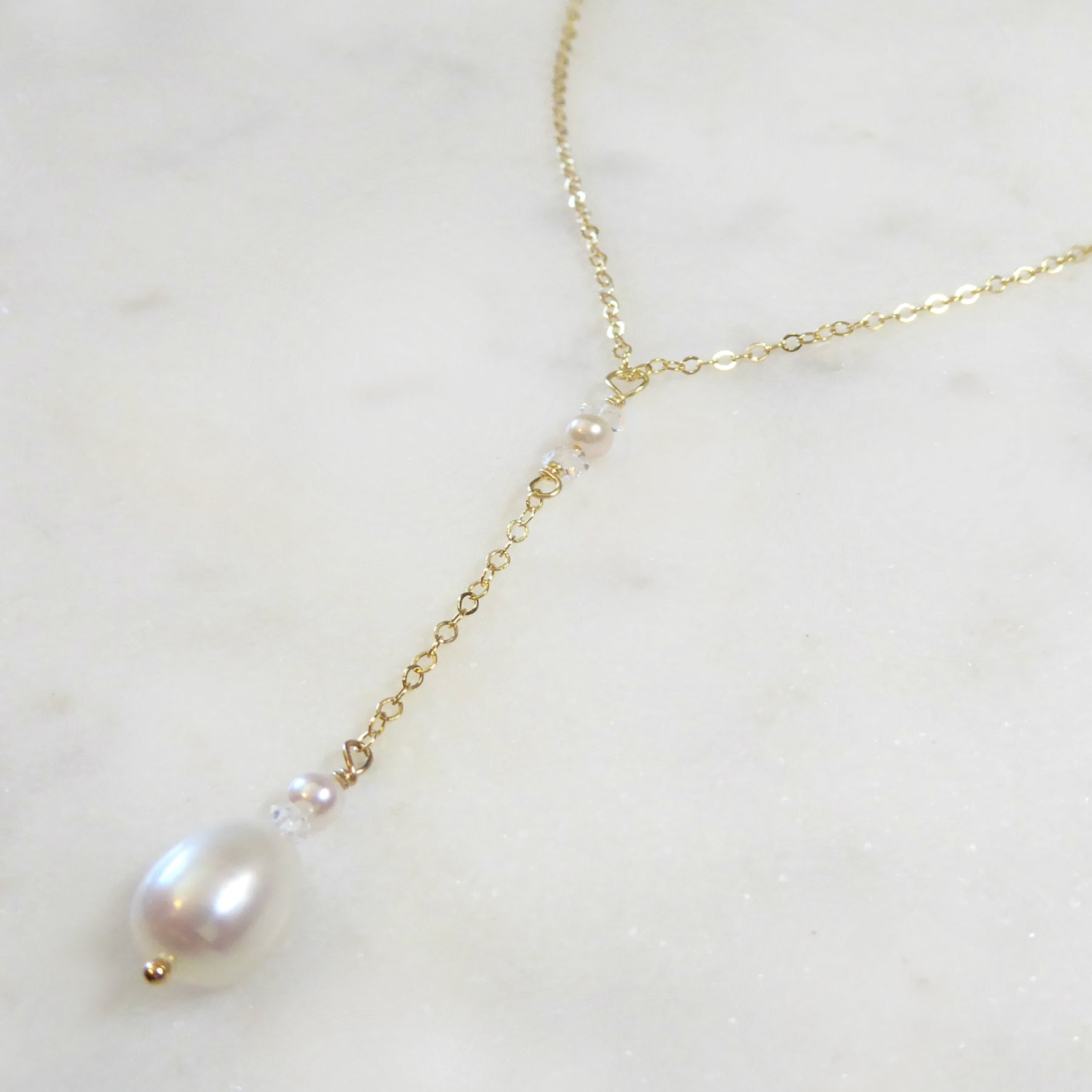 Freshwater Pearl And Herkimer Diamond Lariat Necklace