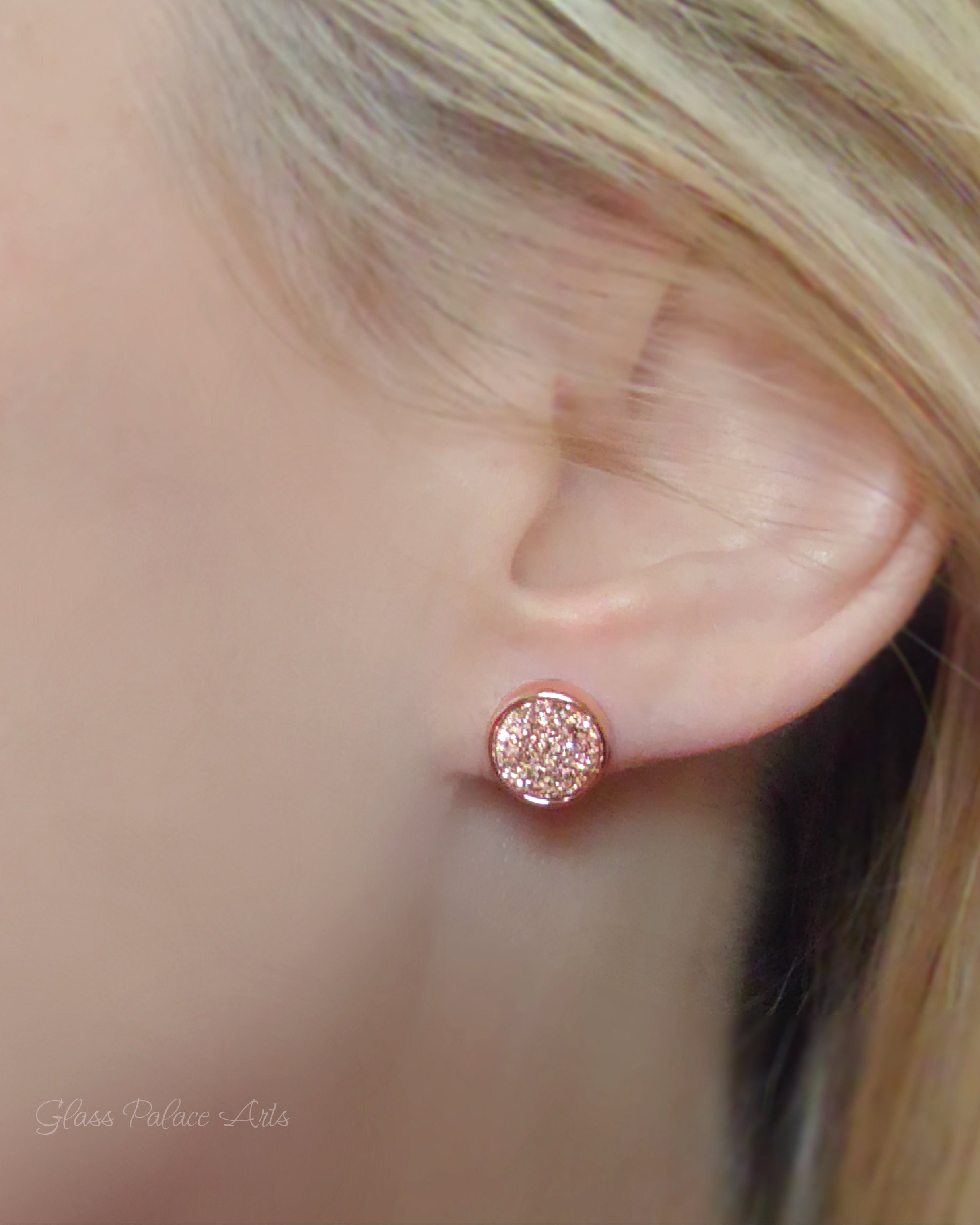 Rose Gold Drusy Stud Earrings For Women 8mm