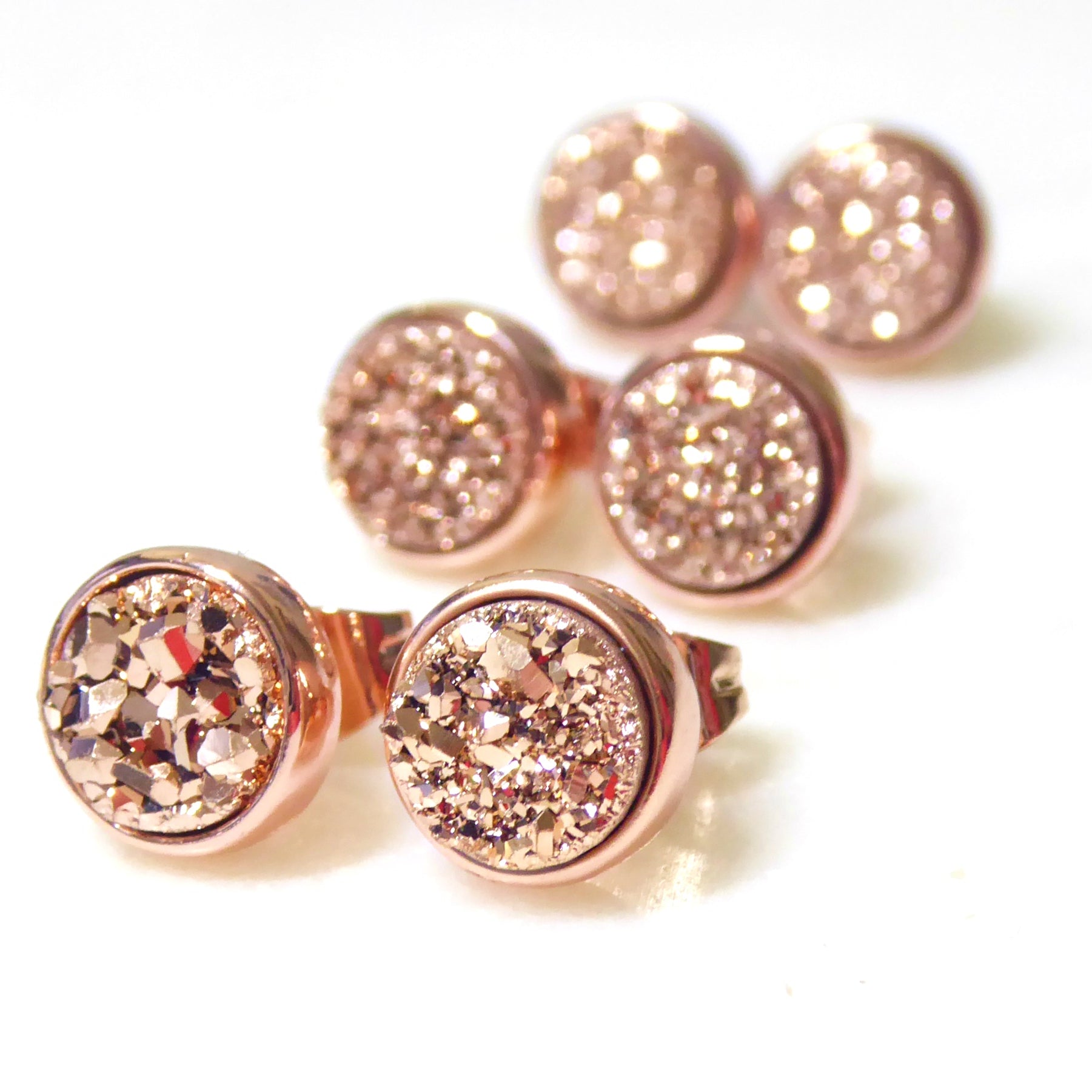 Rose Gold Drusy Stud Earrings For Women 8mm