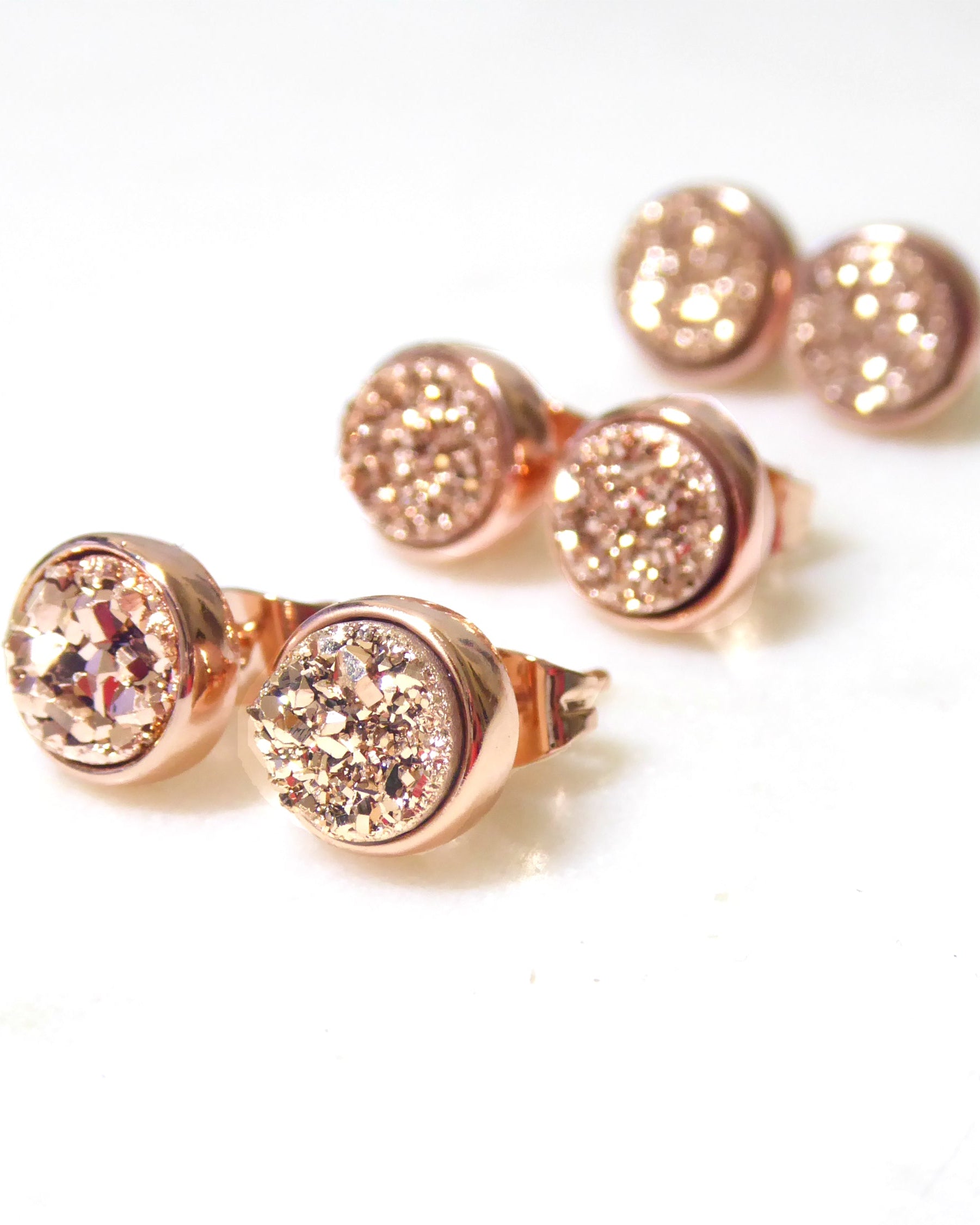 Rose Gold Drusy Stud Earrings For Women 8mm