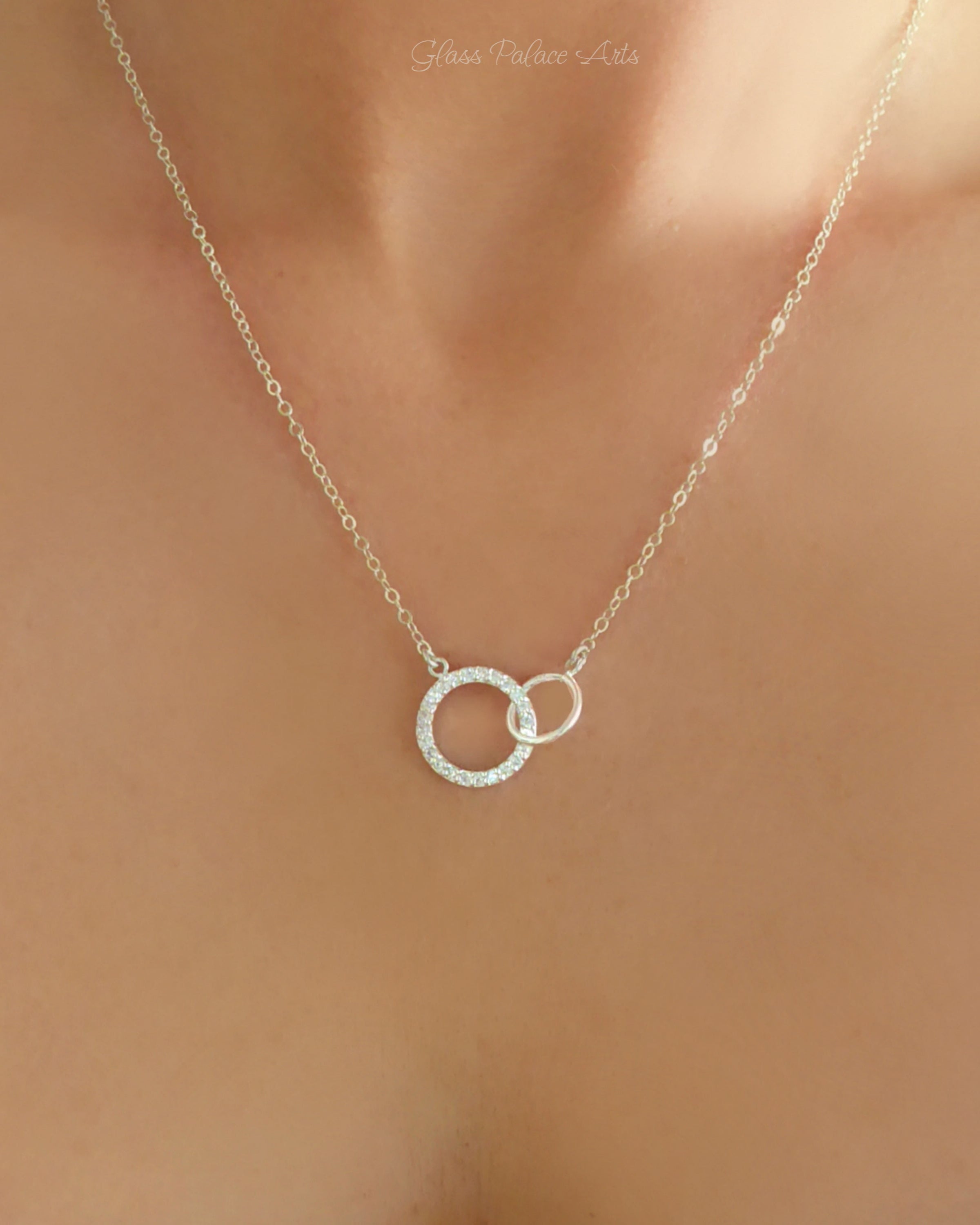 Sterling Silver Cubic Zirconia Infinity Necklace With Interlocking Circles and Pave' Stones