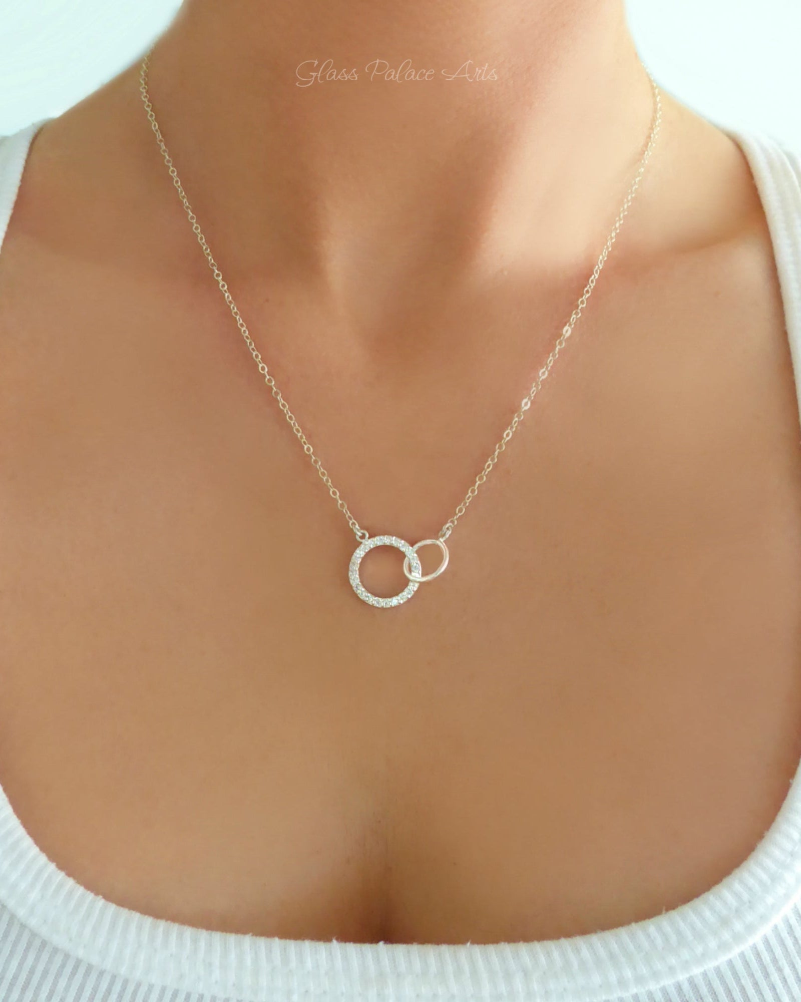 Sterling Silver Cubic Zirconia Infinity Necklace With Interlocking Circles and Pave' Stones