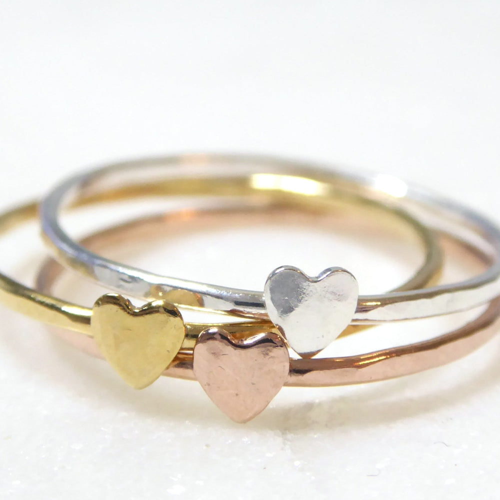 Tiny Heart Ring For Women Gold - Dainty Minimalist Hammered Stacking Ring
