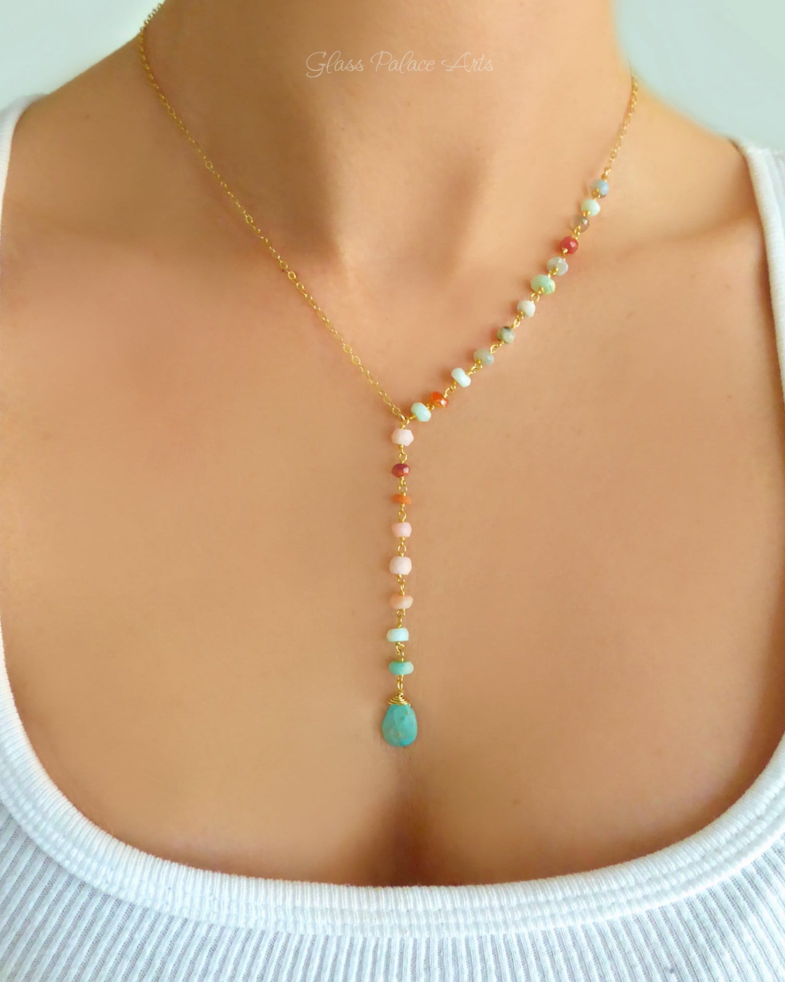 Peruvian Opal And Turquoise Lariat Gemstone Necklace For Women