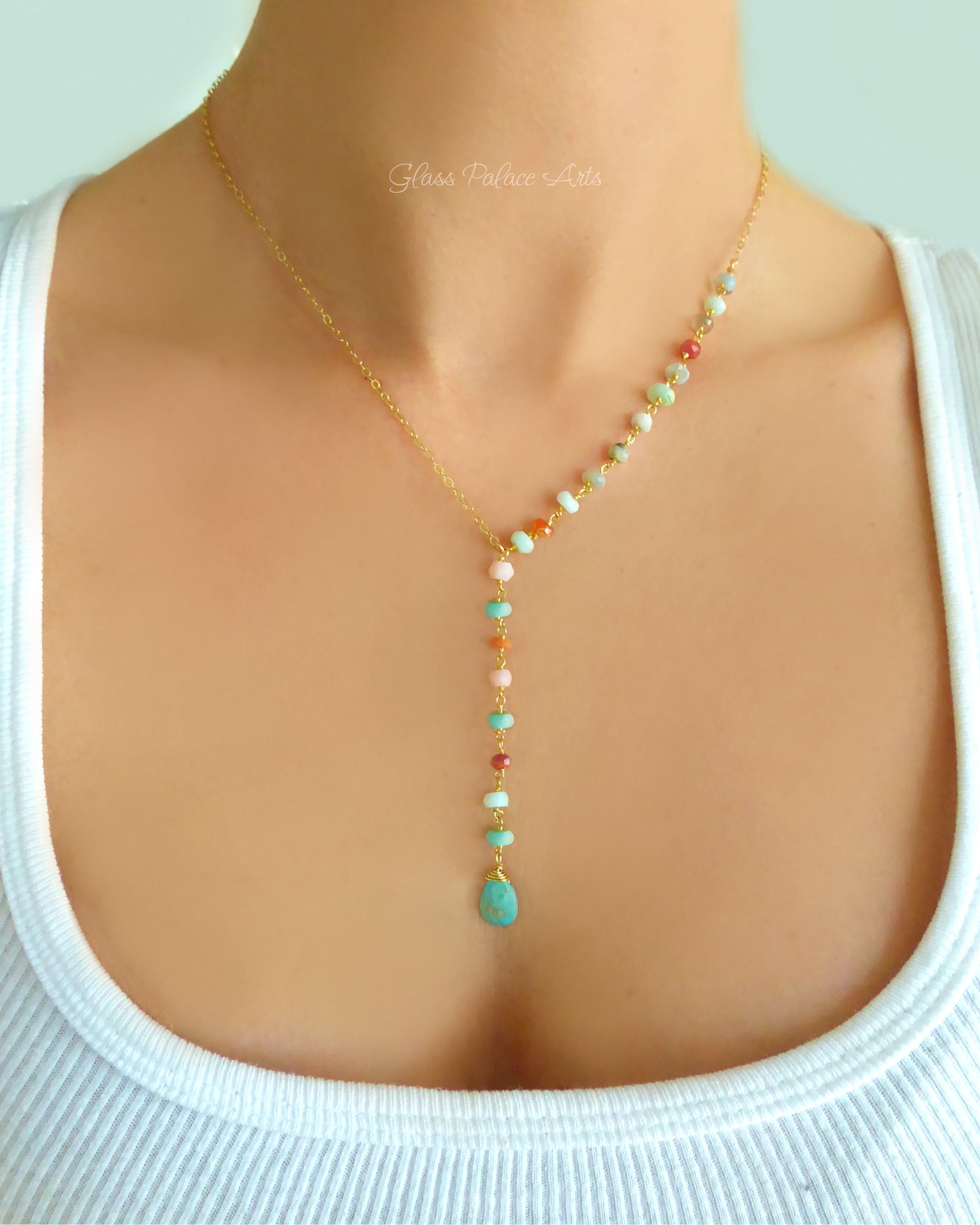 Peruvian Opal And Turquoise Lariat Gemstone Necklace For Women