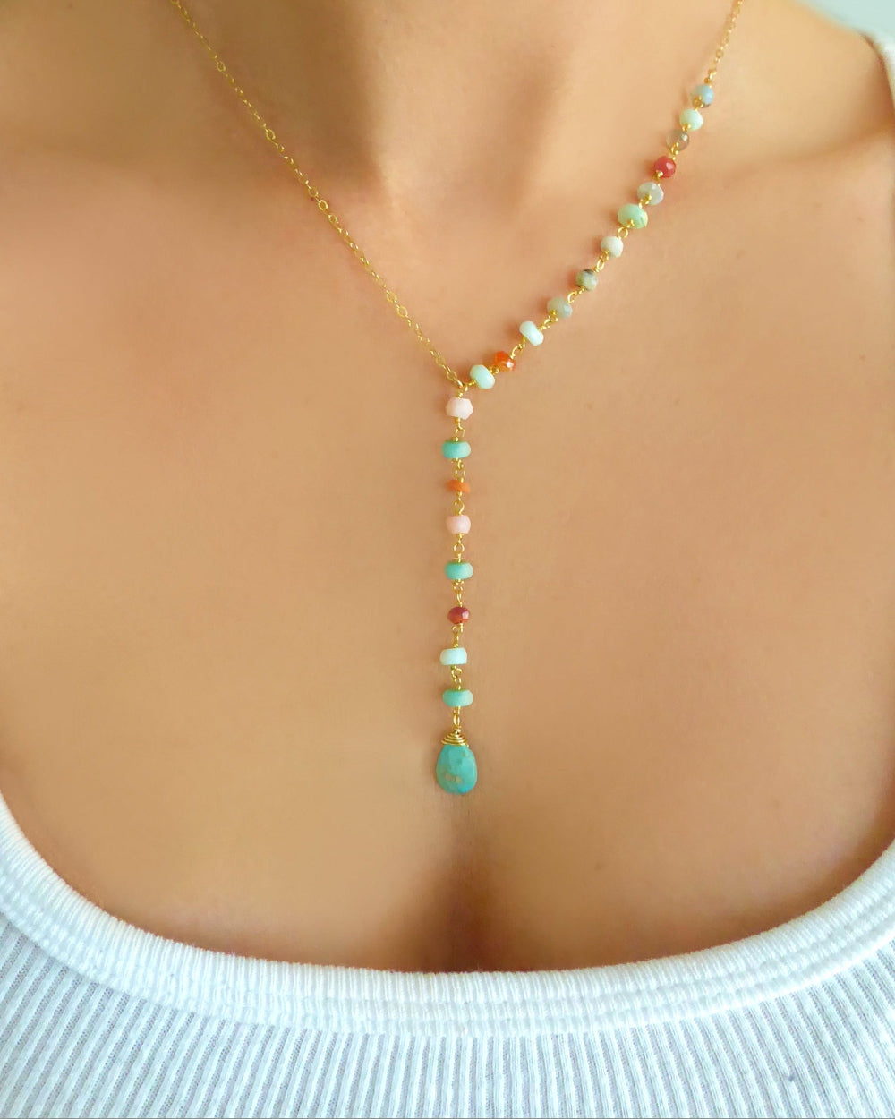 Peruvian Opal And Turquoise Lariat Gemstone Necklace For Women