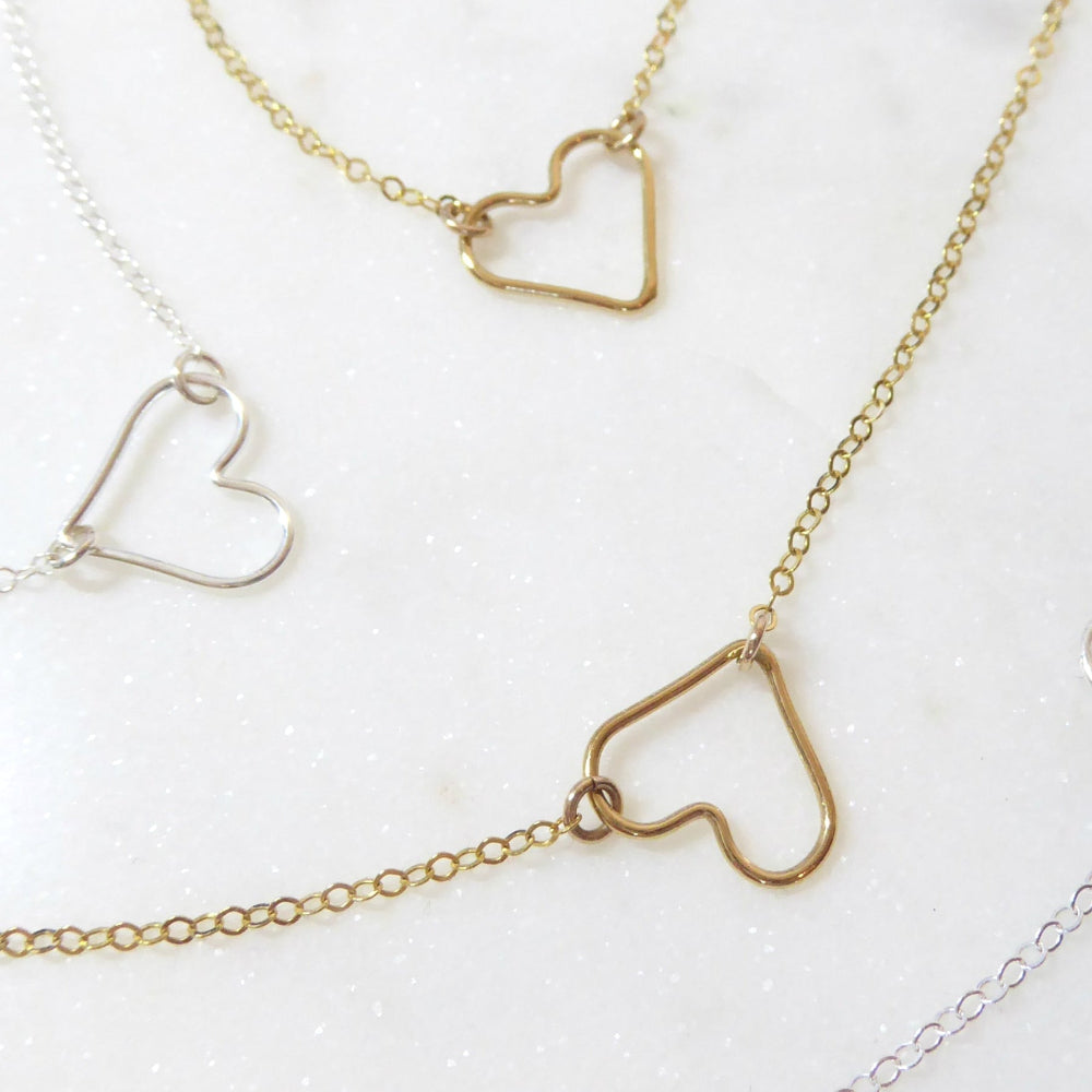 Small Sideways Floating Heart Necklace - Sterling Silver, 14k Gold Fill, Rose Gold Fill