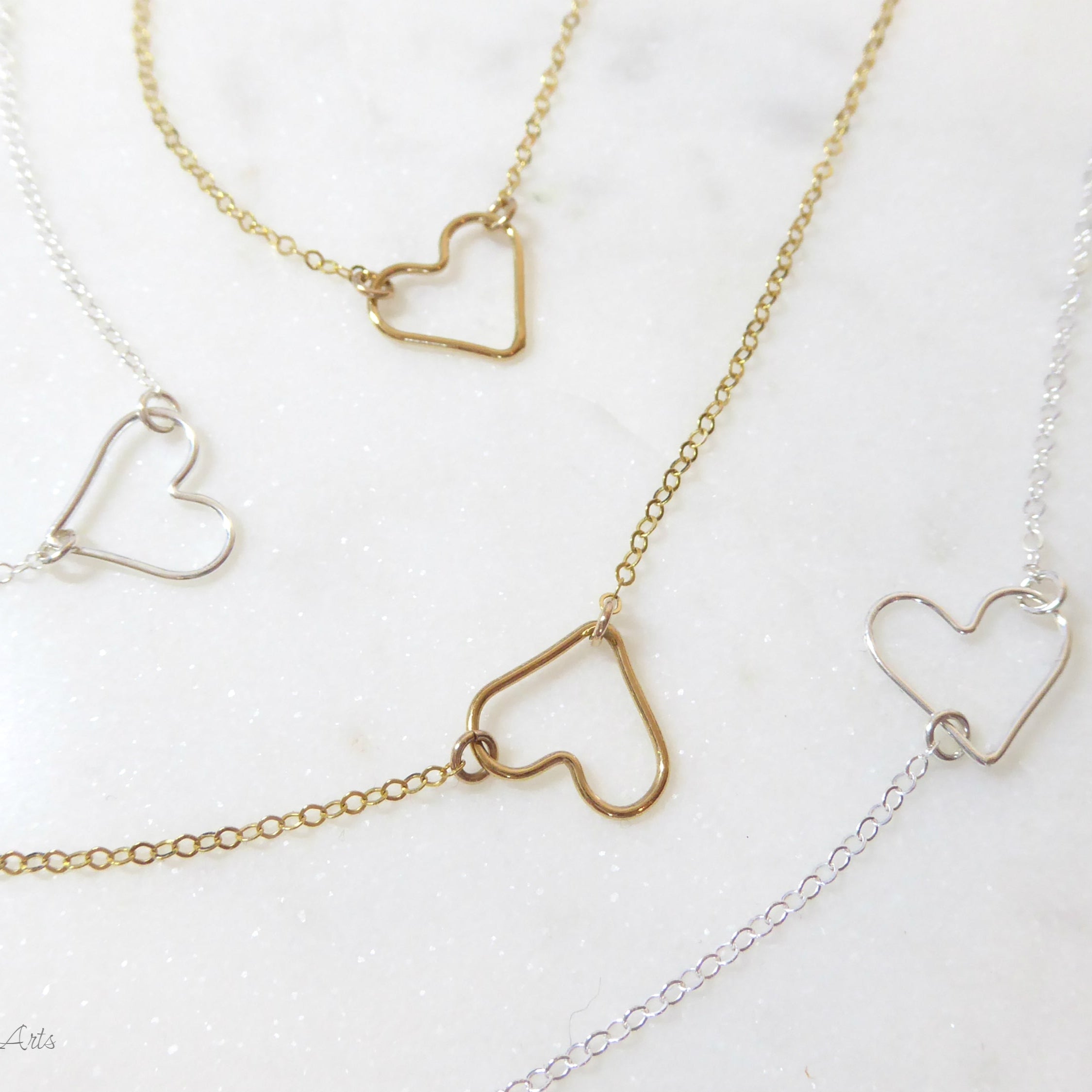 Small Sideways Floating Heart Necklace - Sterling Silver, 14k Gold Fill, Rose Gold Fill