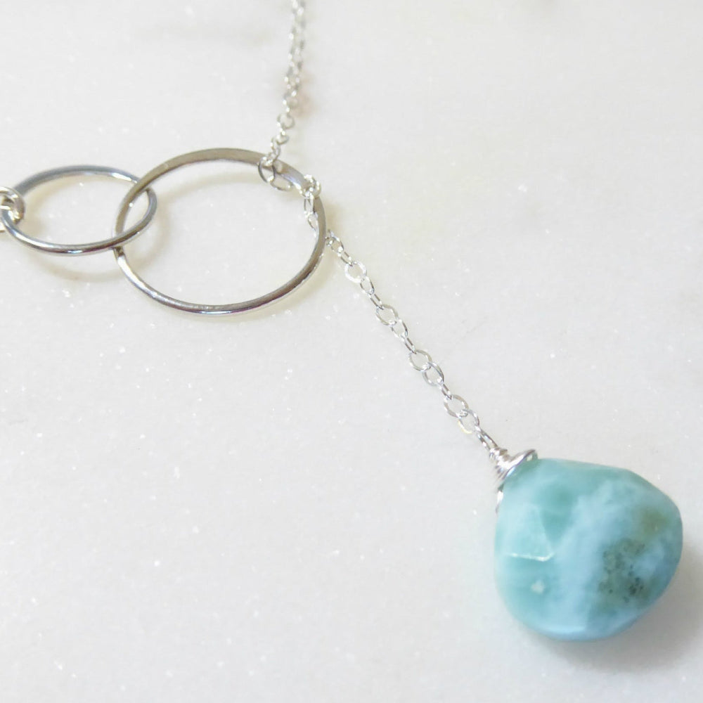 Natural Larimar Lariat Necklace - Dominican Caribbean Gemstone