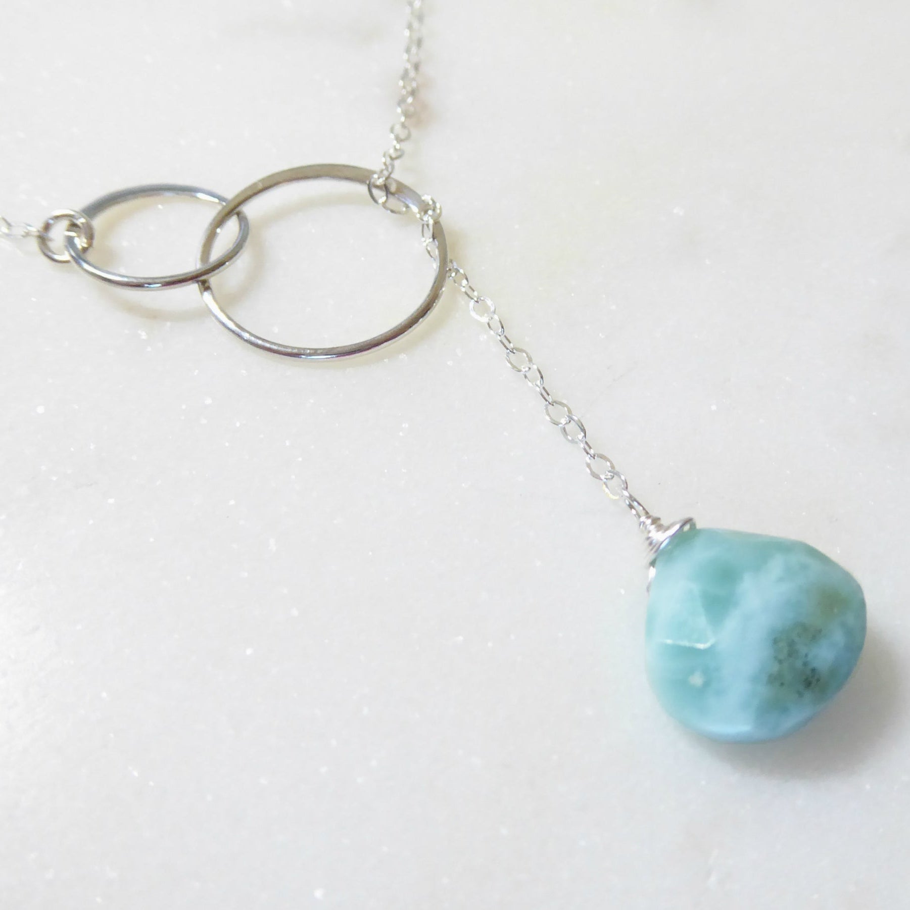 Natural Larimar Lariat Necklace - Dominican Caribbean Gemstone