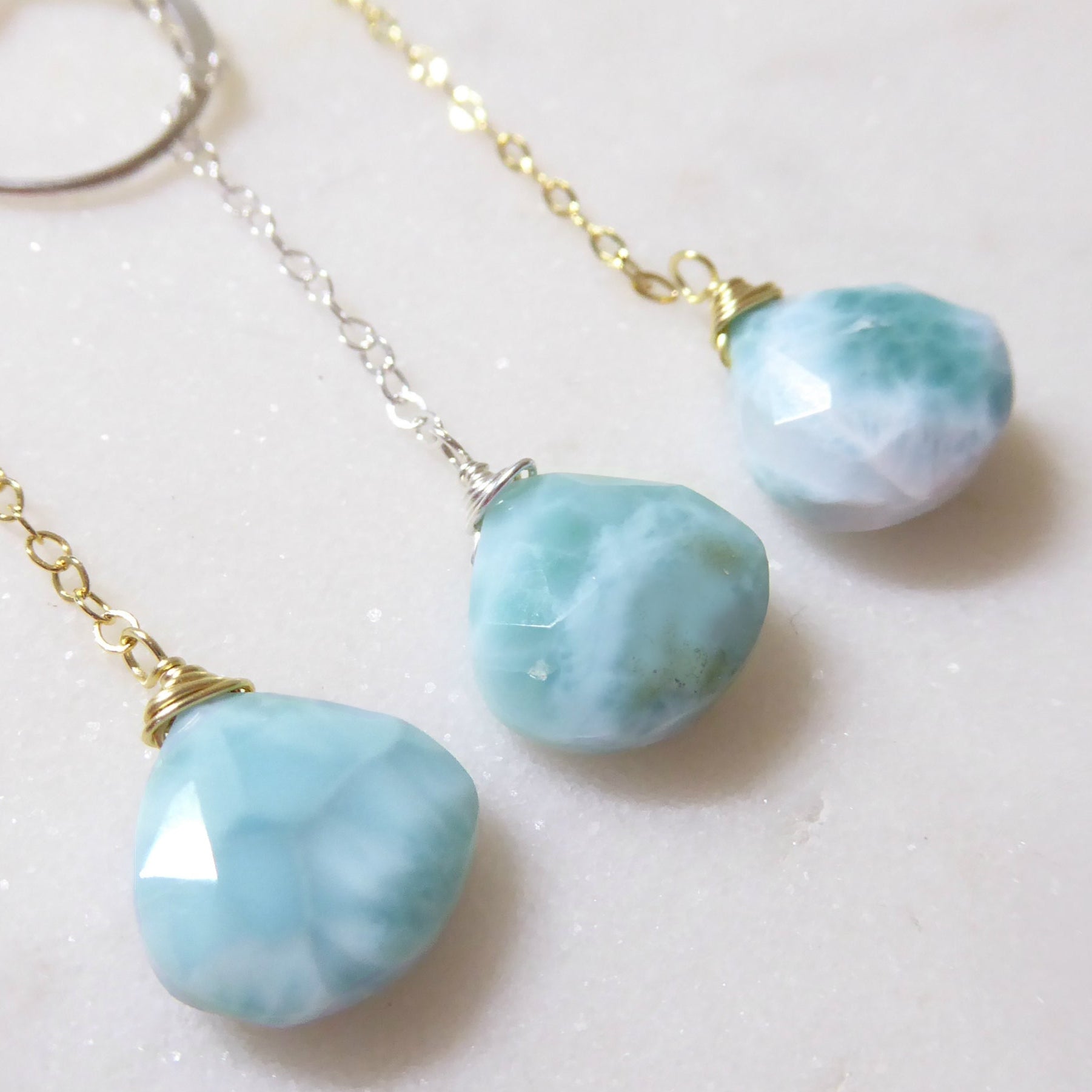 Natural Larimar Lariat Necklace - Dominican Caribbean Gemstone