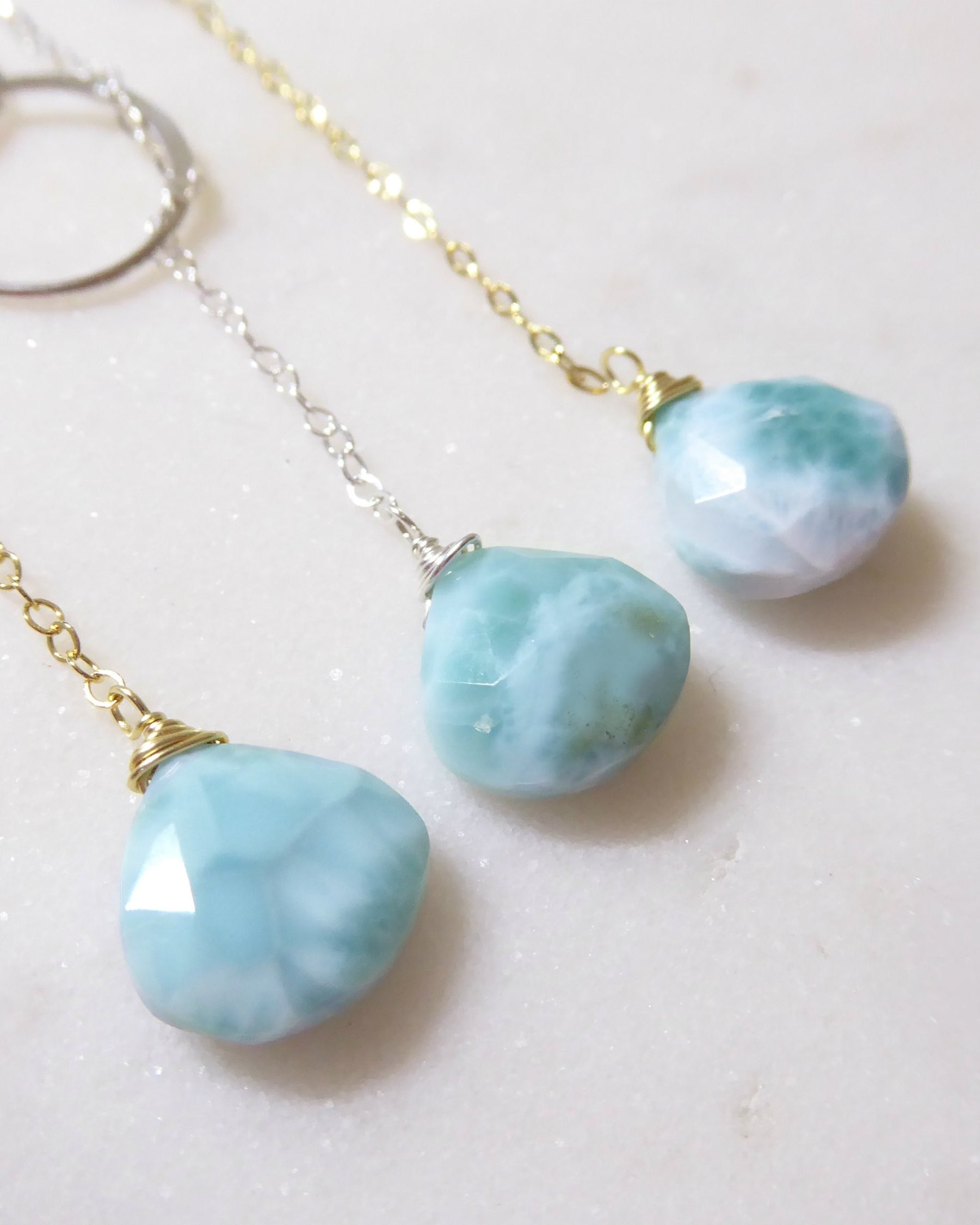 Natural Larimar Lariat Necklace - Dominican Caribbean Gemstone