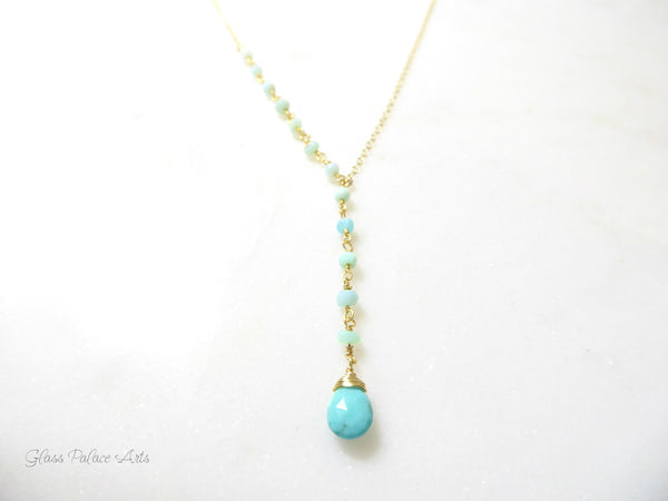 Peruvian Opal and Turquoise Lariat Y Gemstone Necklace - Sterling Silver or Gold
