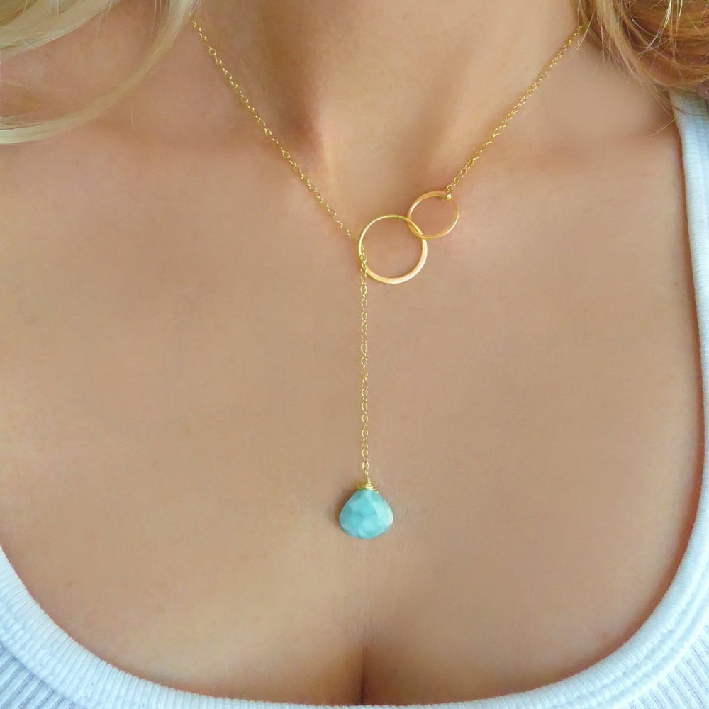 Natural Larimar Lariat Necklace - Dominican Caribbean Gemstone