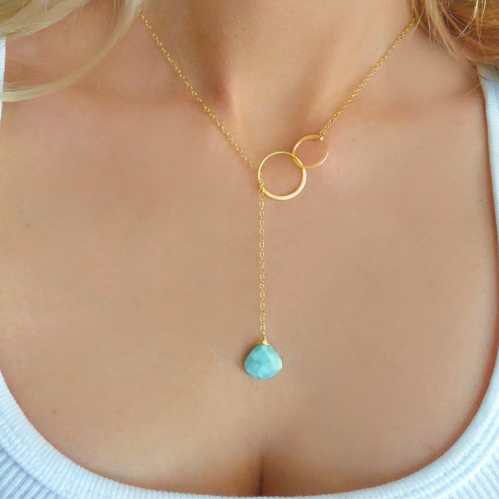 Natural Larimar Lariat Necklace - Dominican Caribbean Gemstone