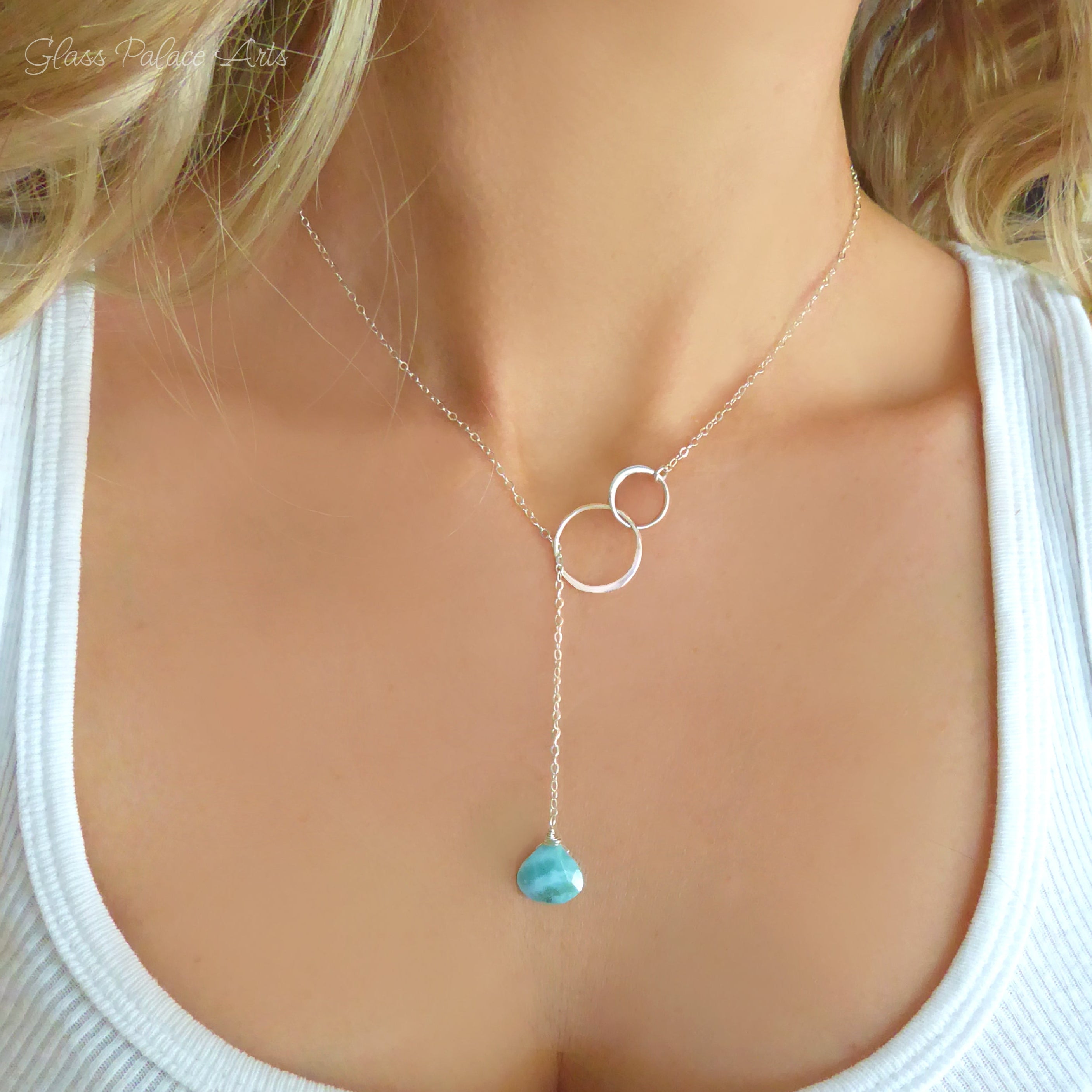Natural Larimar Lariat Necklace - Dominican Caribbean Gemstone