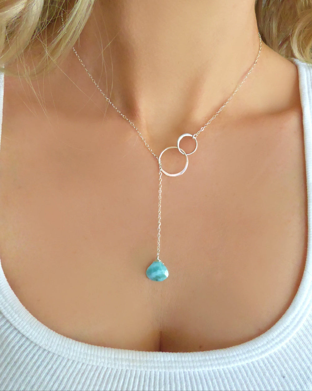 Natural Larimar Lariat Necklace - Dominican Caribbean Gemstone
