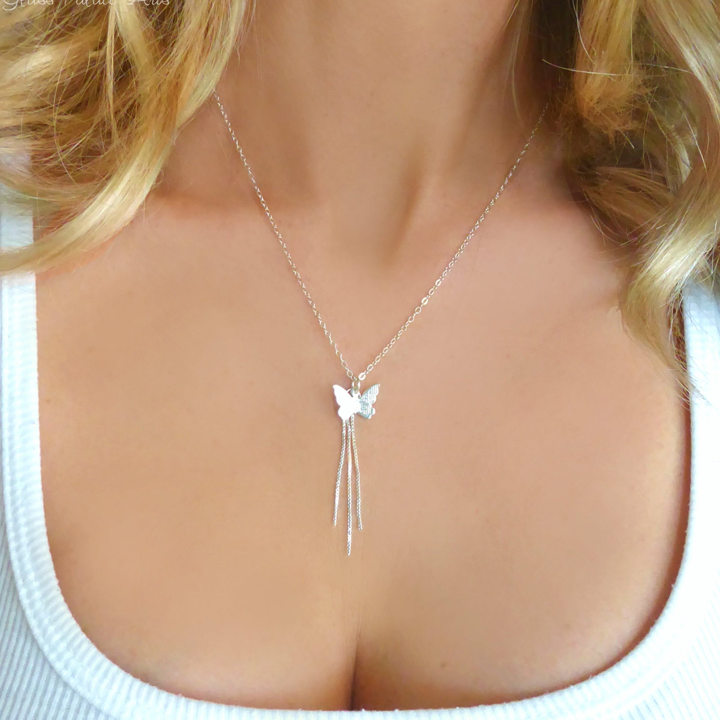 Sterling Silver Butterfly Necklace With Pendant Chain Dangle