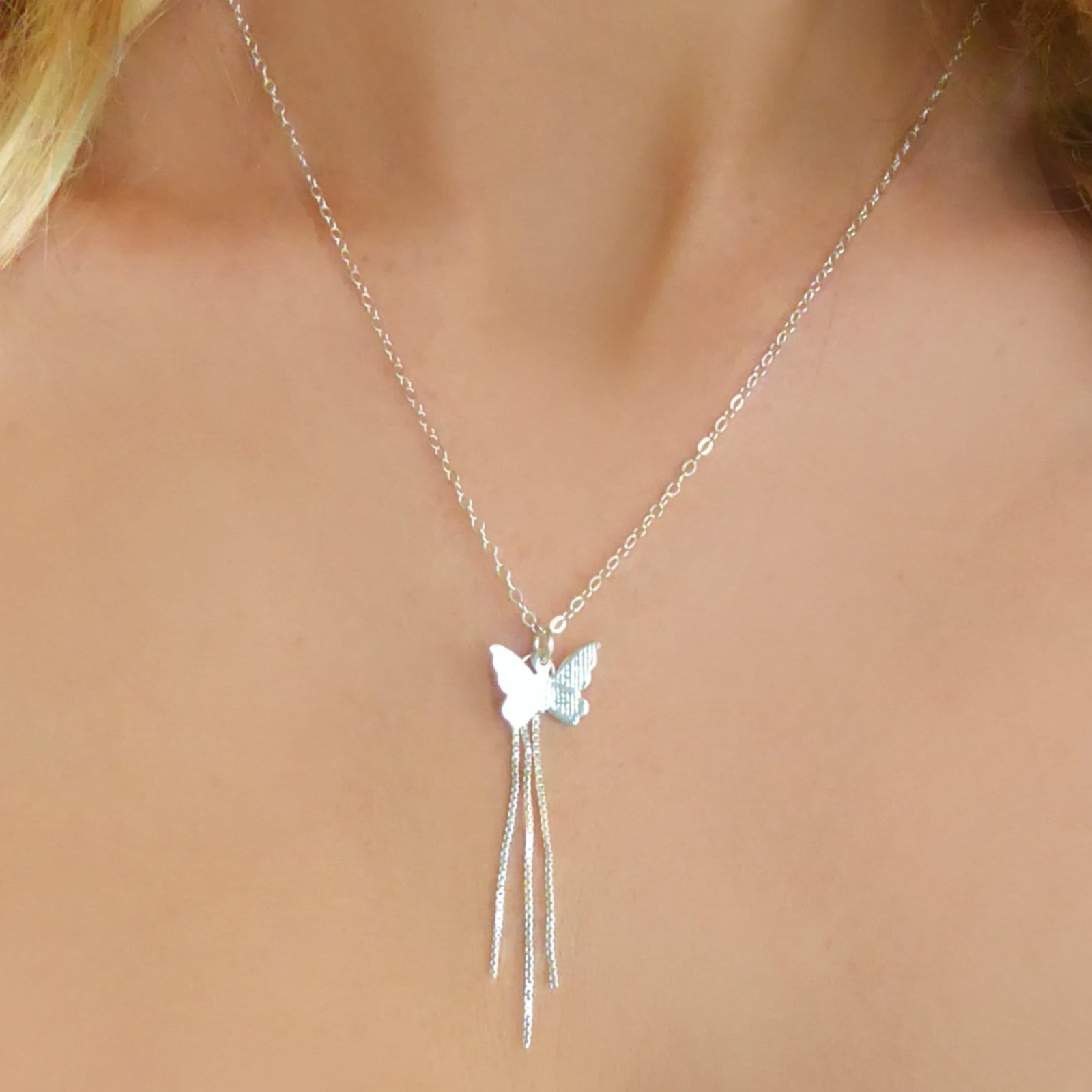 Sterling Silver Butterfly Necklace With Pendant Chain Dangle