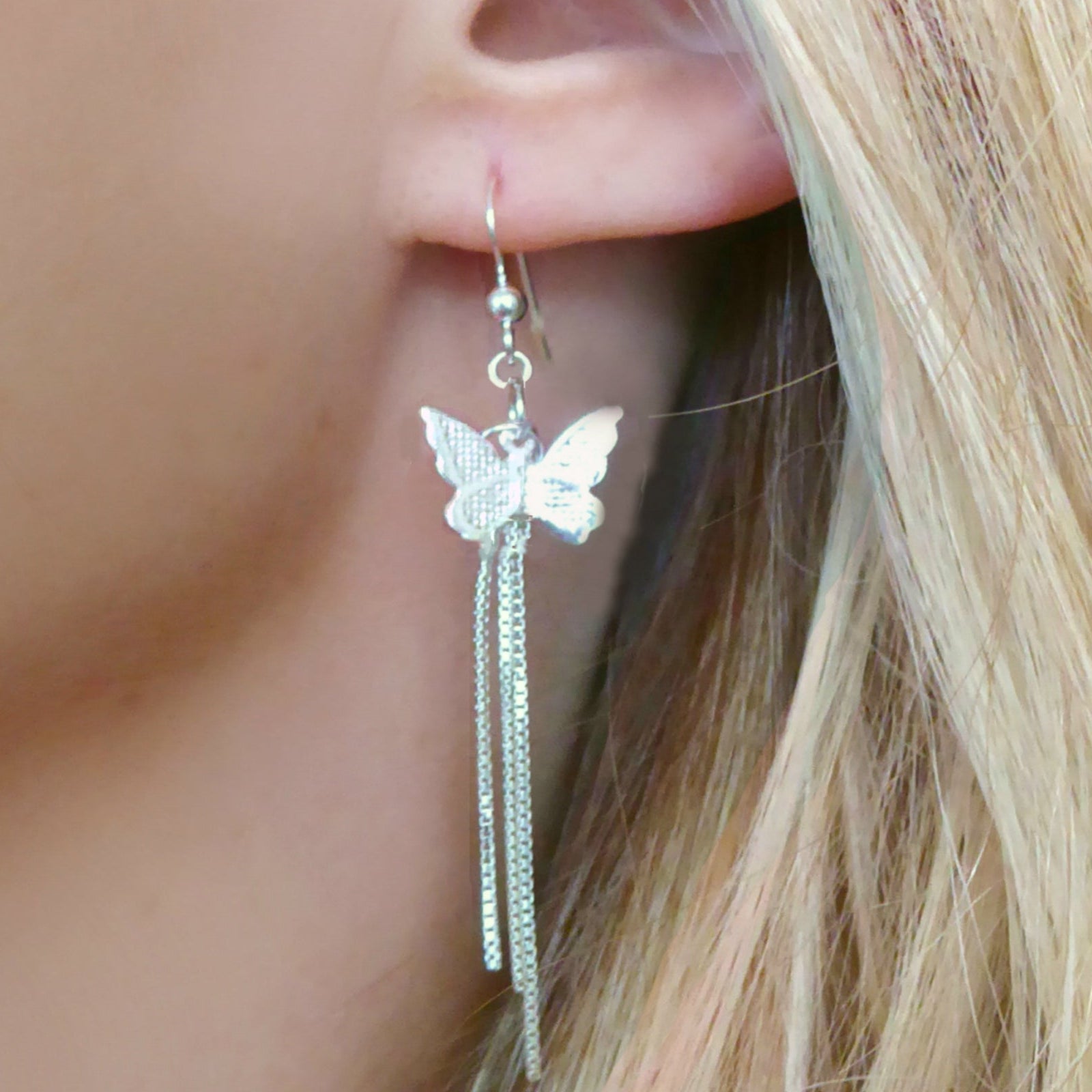 Long Sterling Silver Butterfly Earrings With Chain Dangle